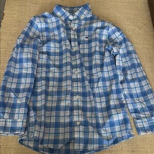 Vineyard Vines boy performance fabric blue and White Plaid Button Down sz SM